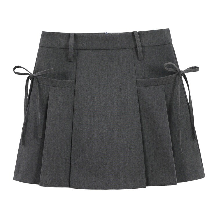 GRAY PLEATED MINI SKIRT WITH TIE DETAILS FOR WOMEN