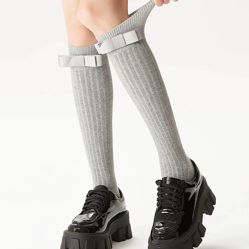 GRAY RIBBED KNEE SOCKS FREE SIZE FIT