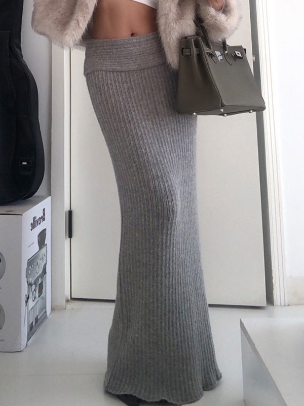GRAY RIBBED KNIT MAXI SKIRT VINTAGE LOW WAIST