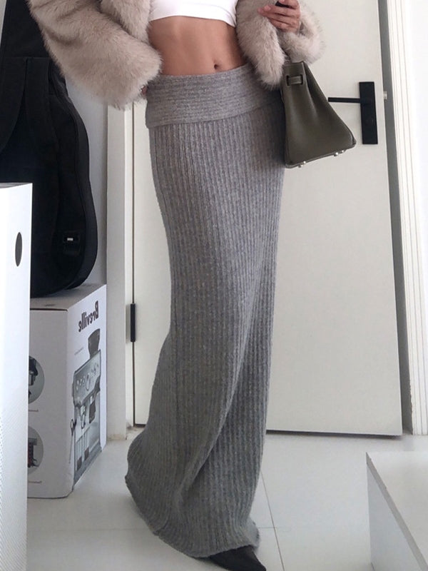 GRAY RIBBED KNIT MAXI SKIRT VINTAGE LOW WAIST