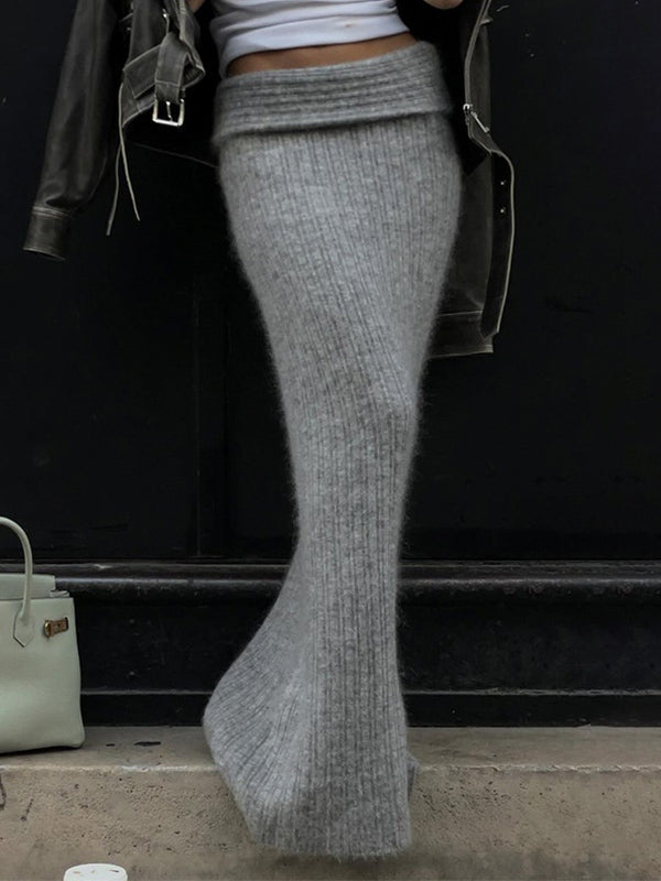 GRAY RIBBED KNIT MAXI SKIRT VINTAGE LOW WAIST