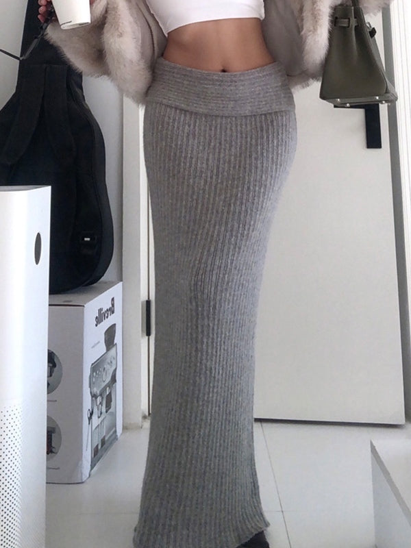 GRAY RIBBED KNIT MAXI SKIRT VINTAGE LOW WAIST