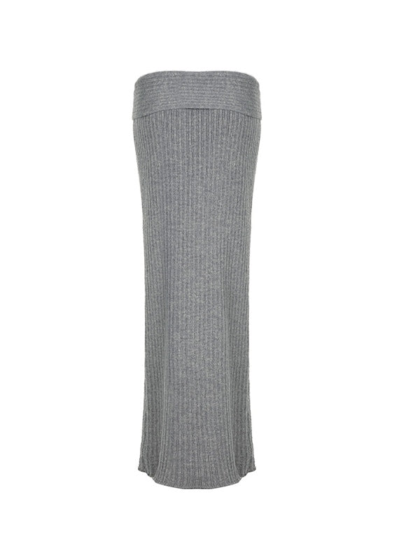 GRAY RIBBED KNIT MAXI SKIRT VINTAGE LOW WAIST