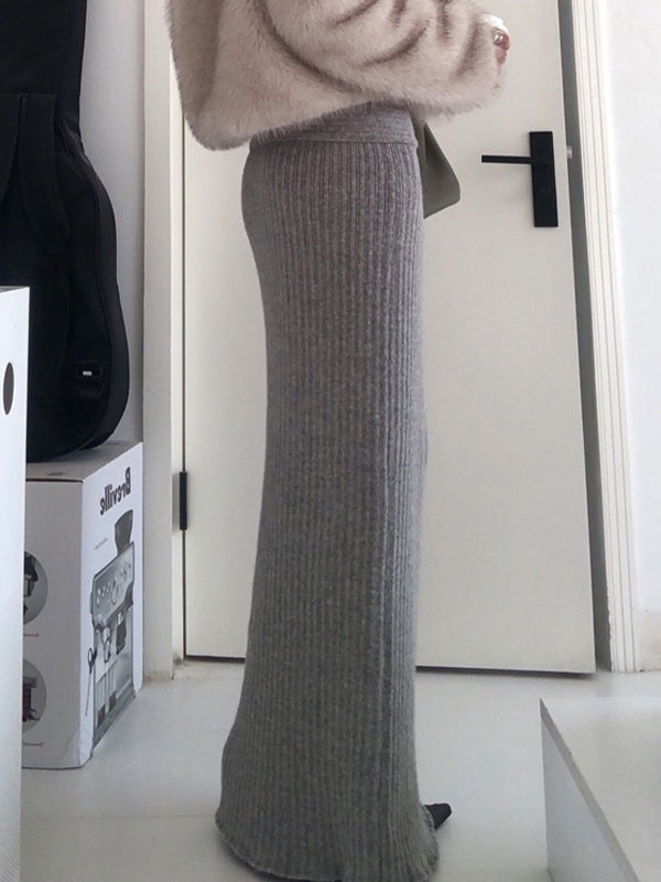 GRAY RIBBED KNIT MAXI SKIRT VINTAGE LOW WAIST