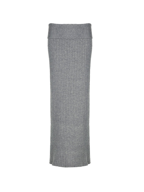 GRAY RIBBED KNIT MAXI SKIRT VINTAGE LOW WAIST