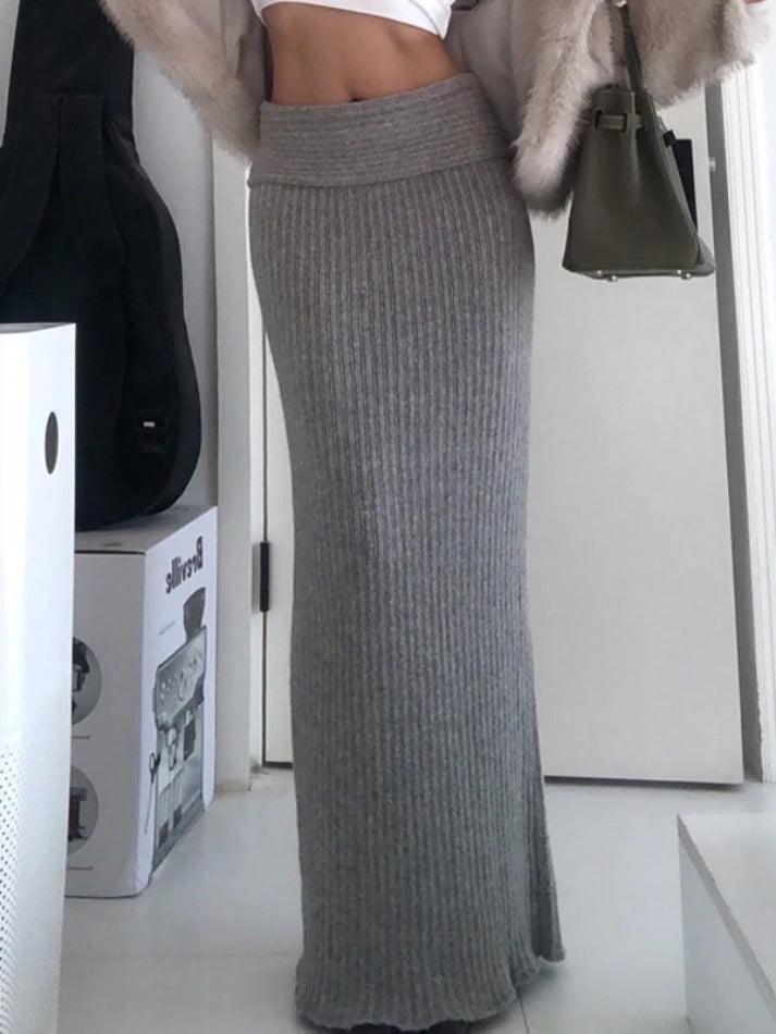 GRAY RIBBED KNIT MAXI SKIRT WITH TRENDY FOLDED WAISTBAND