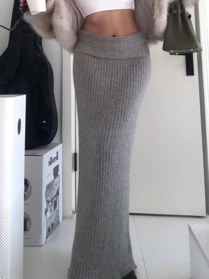 GRAY RIBBED KNIT MAXI SKIRT WITH TRENDY FOLDED WAISTBAND