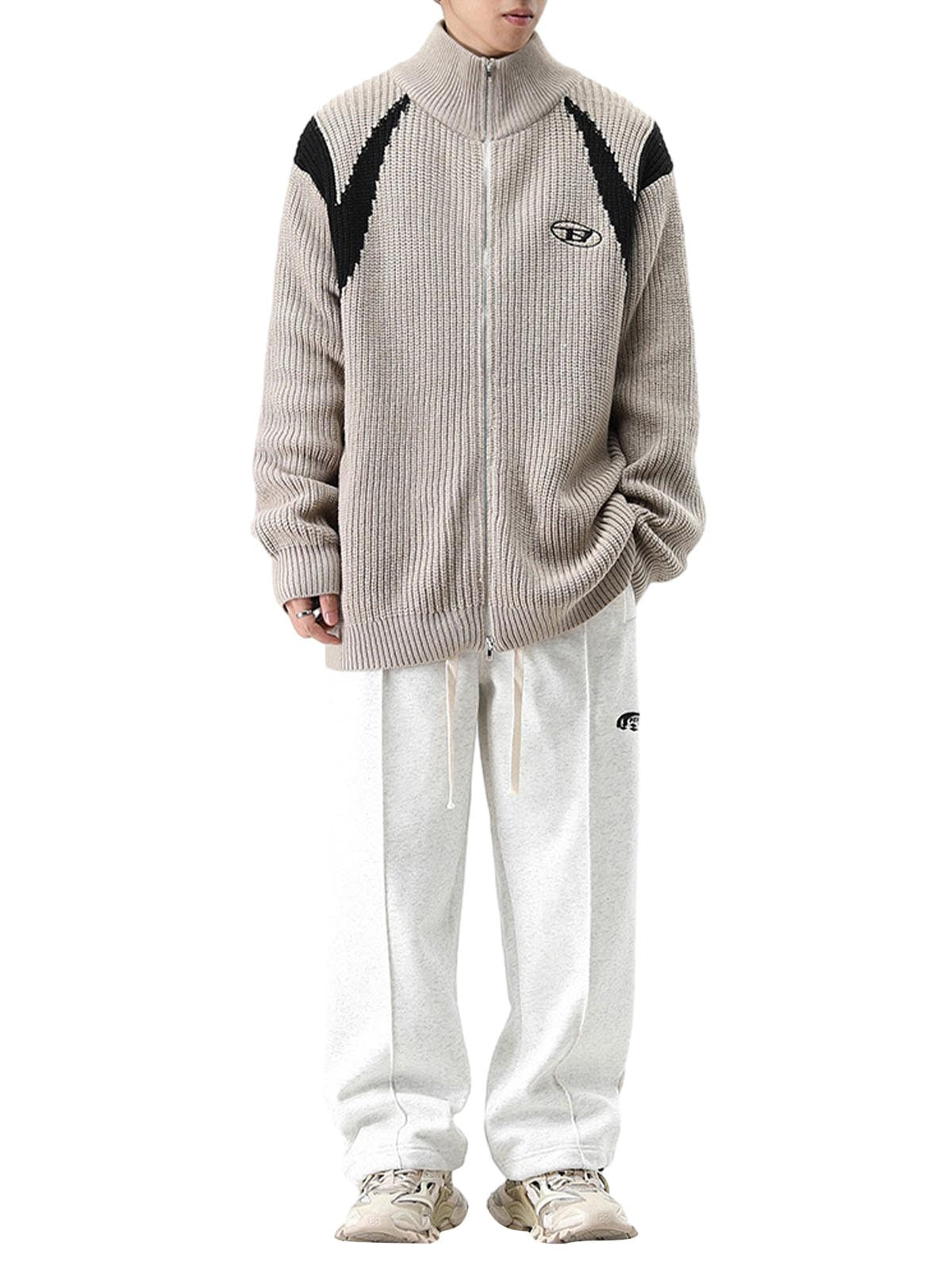 GRAY RIBBED KNIT ZIP-UP SWEATER WITH STAND COLLAR - TRENDY CASUAL LONG SLEEVE