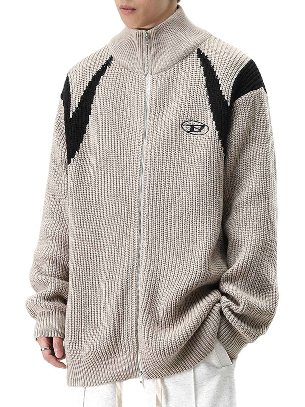 GRAY RIBBED KNIT ZIP-UP SWEATER WITH STAND COLLAR - TRENDY CASUAL LONG SLEEVE