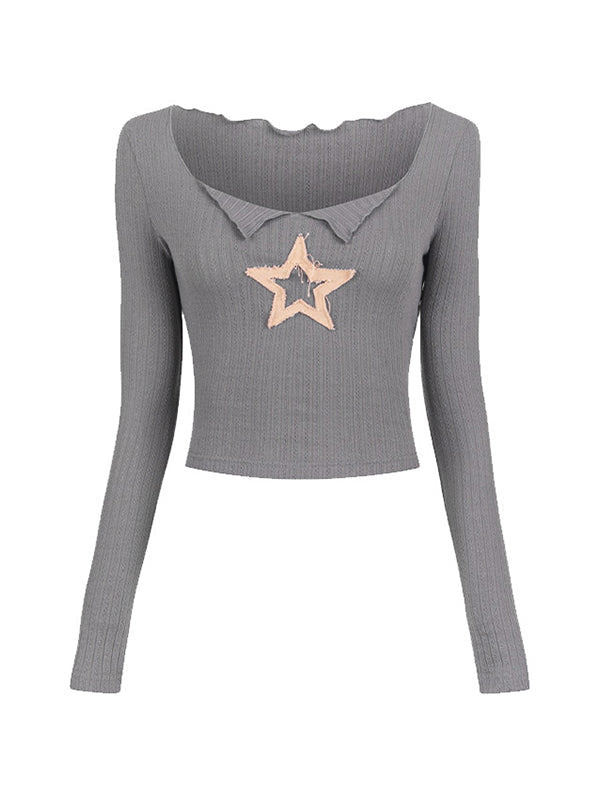 GRAY RIBBED LONG SLEEVE TOP WITH STAR PATCH Y2K STAR PATCH