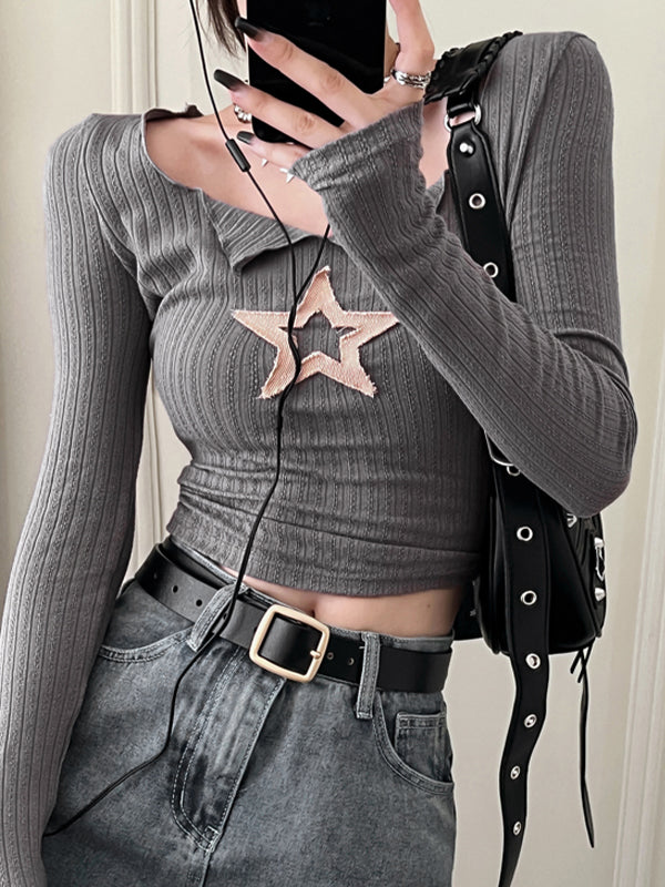 GRAY RIBBED LONG SLEEVE TOP WITH STAR PATCH Y2K STAR PATCH