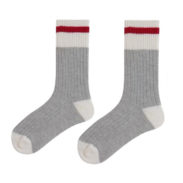 GRAY RIBBED SOCKS WITH RED AND WHITE STRIPES FOR MEN AND WOMEN