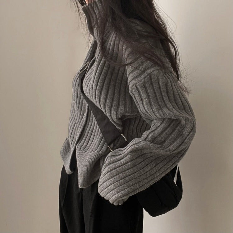 GRAY RIBBED TURTLENECK SWEATER FOR WOMEN