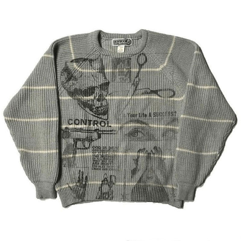 GRAY SKULL AND GUN GRAPHIC SWEATER WITH KNIT CONTROL