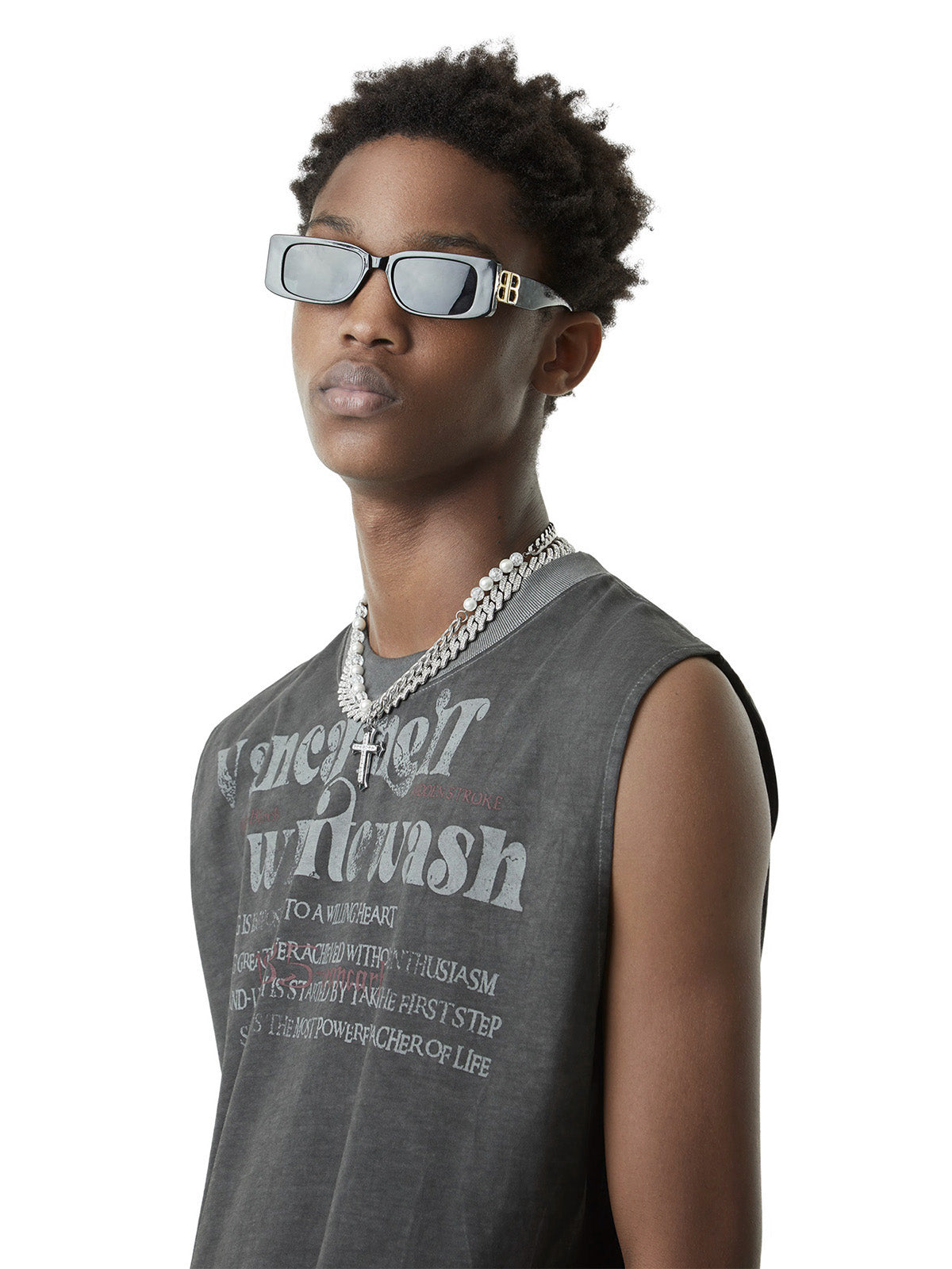 GRAY SLEEVELESS SHIRT WITH TEXT - LOOSE FIT COTTON ROUND COLLAR