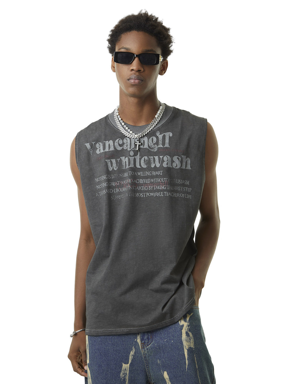 GRAY SLEEVELESS SHIRT WITH TEXT - LOOSE FIT COTTON ROUND COLLAR
