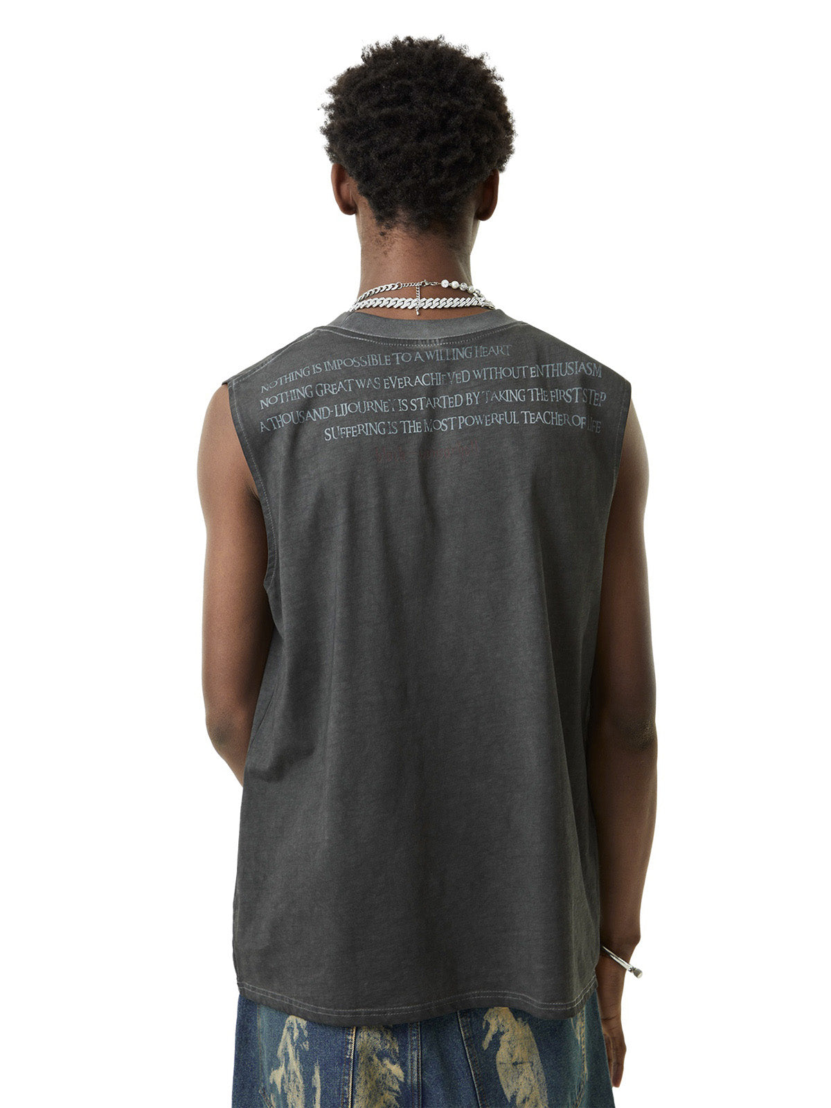 GRAY SLEEVELESS SHIRT WITH TEXT - LOOSE FIT COTTON ROUND COLLAR