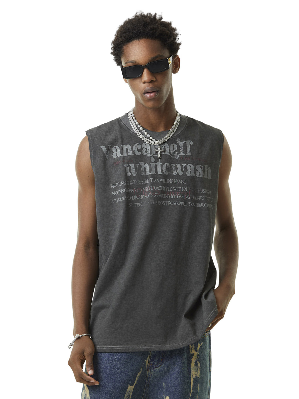 GRAY SLEEVELESS SHIRT WITH TEXT - LOOSE FIT COTTON ROUND COLLAR