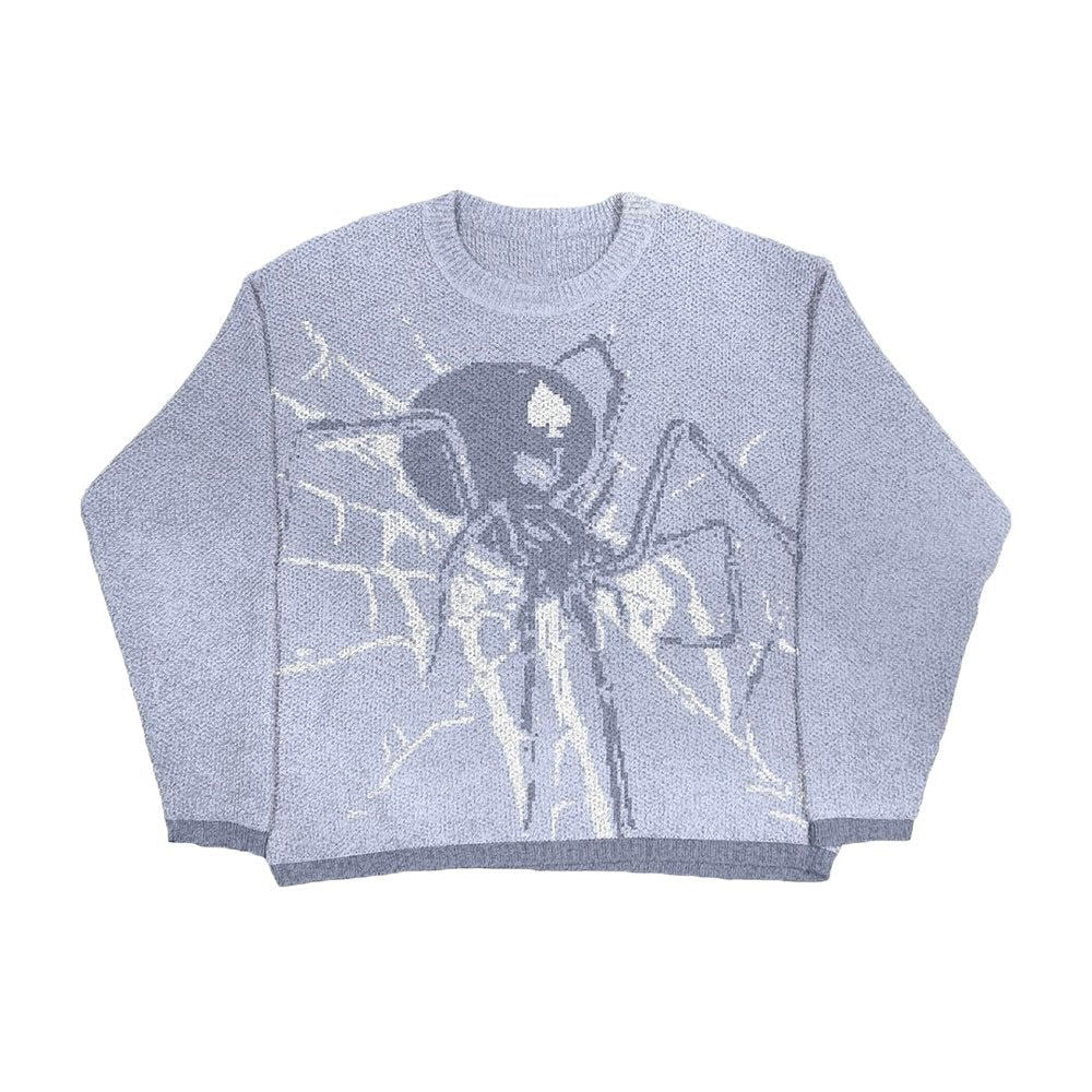 GRAY SPIDER-PATTERNED SWEATER WITH KNIT SPIDER DESIGN