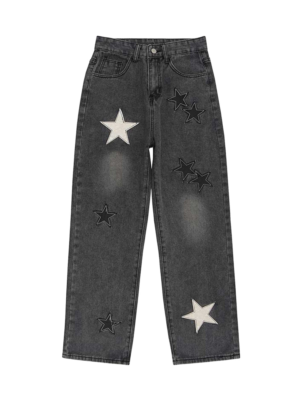 GRAY STAR-PATTERNED JEANS MID WAIST STRAIGHT CASUAL PANTS
