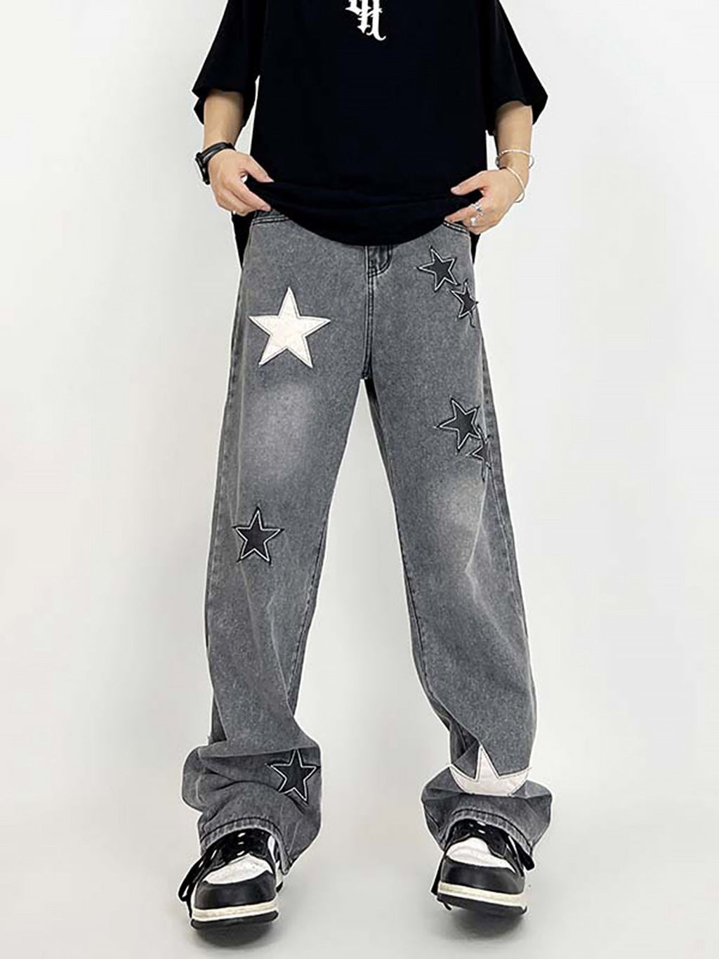 GRAY STAR-PATTERNED JEANS MID WAIST STRAIGHT CASUAL PANTS