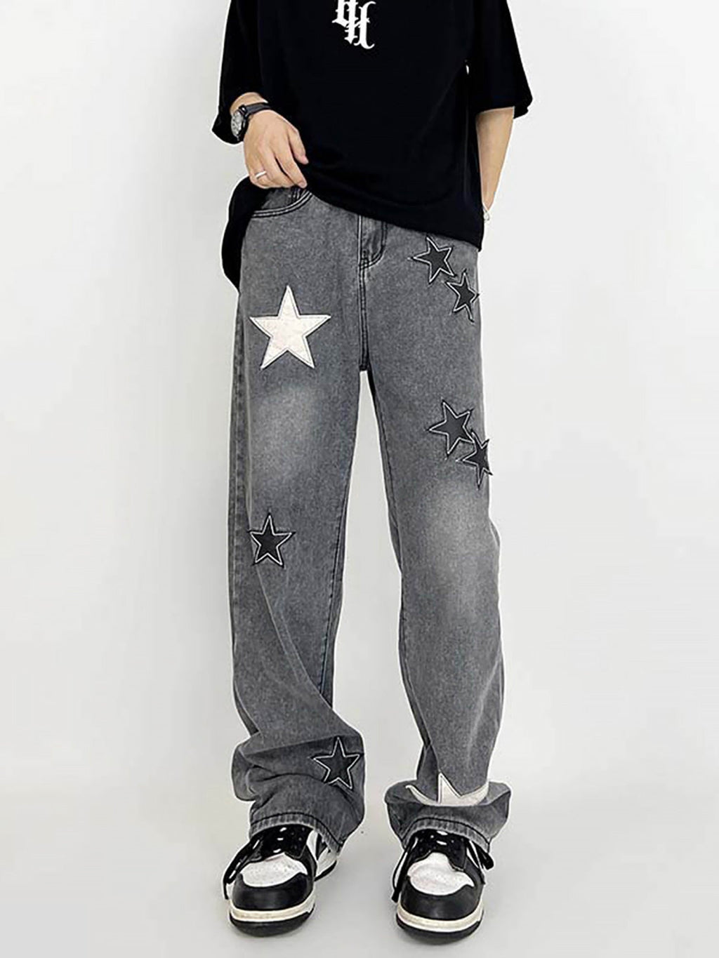 GRAY STAR-PATTERNED JEANS MID WAIST STRAIGHT CASUAL PANTS