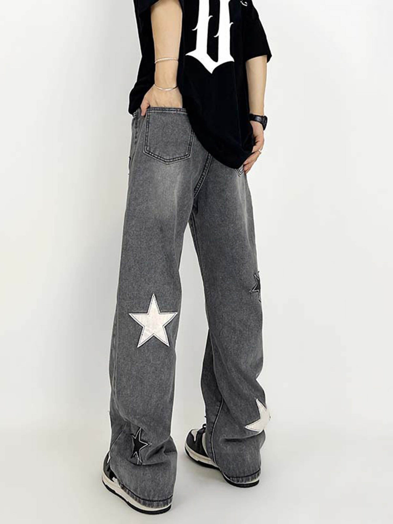 GRAY STAR-PATTERNED JEANS MID WAIST STRAIGHT CASUAL PANTS