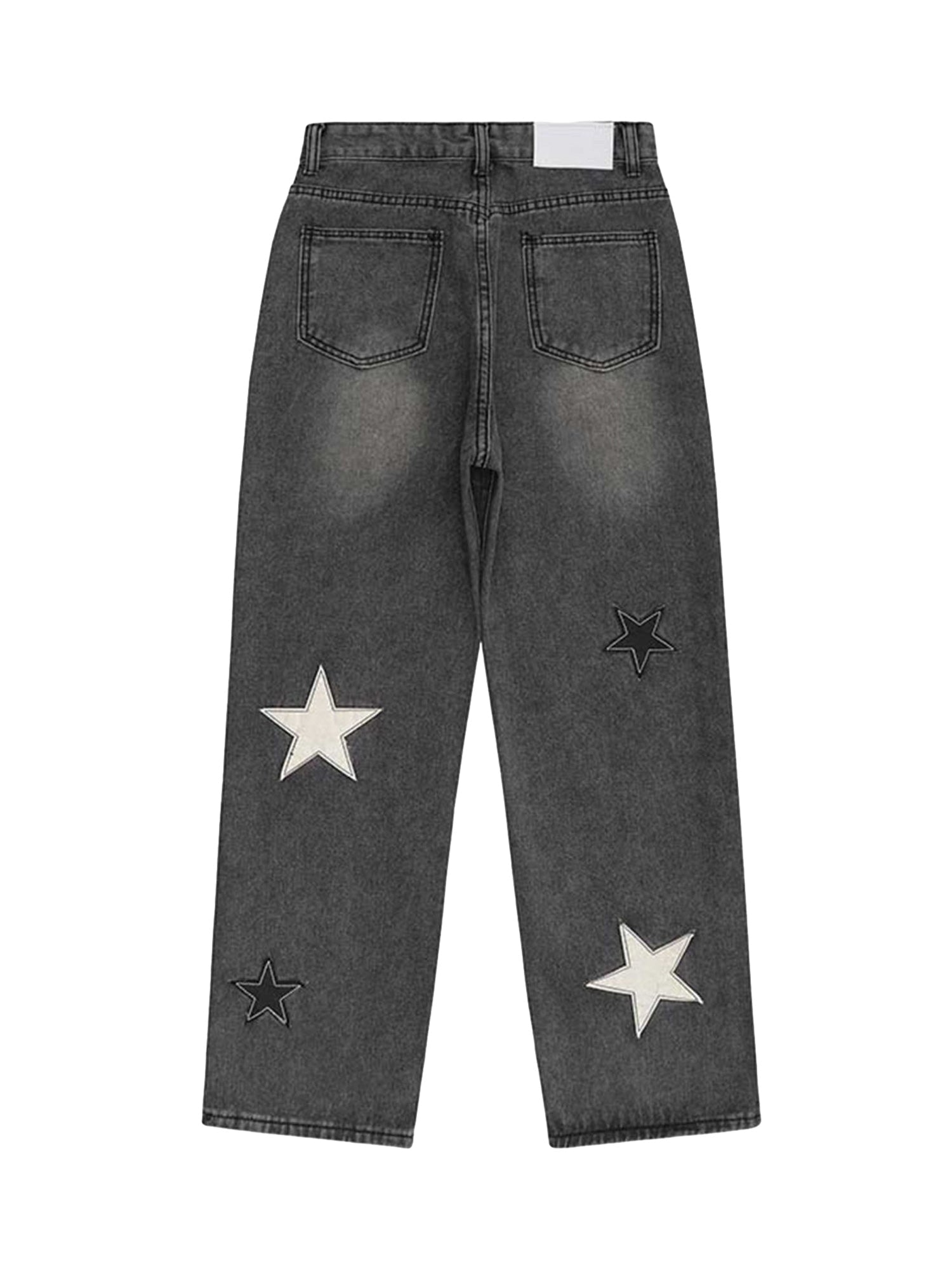 GRAY STAR-PATTERNED JEANS MID WAIST STRAIGHT CASUAL PANTS