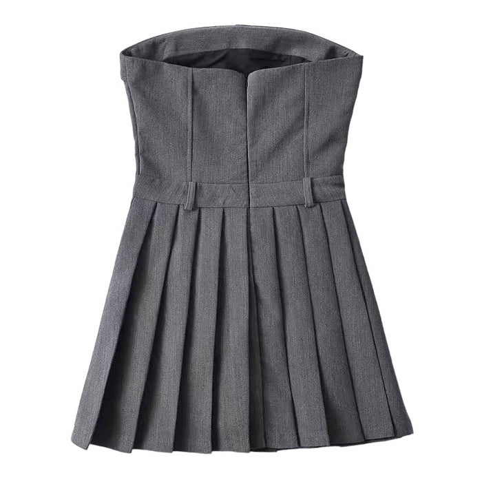 GRAY STRAPLESS PLEATED DRESS FOR WOMEN