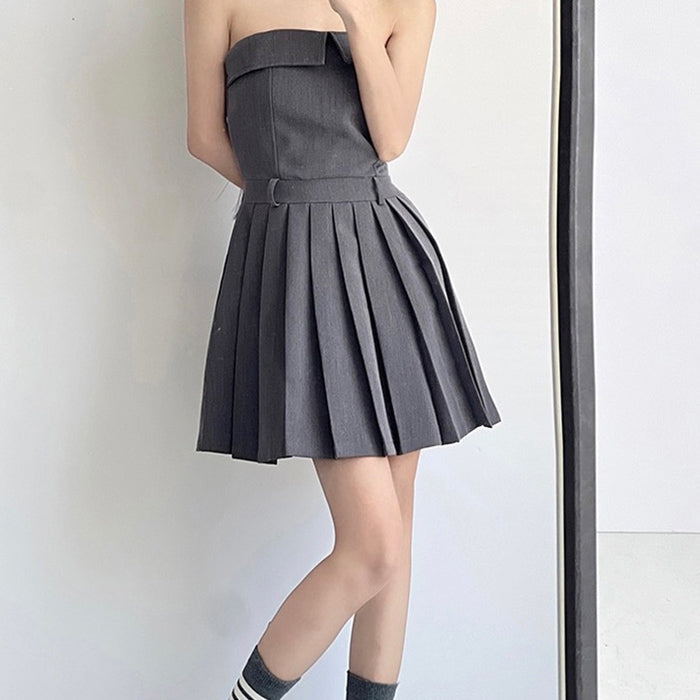GRAY STRAPLESS PLEATED DRESS FOR WOMEN