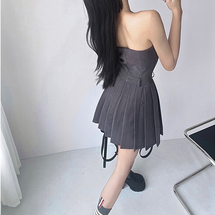 GRAY STRAPLESS PLEATED DRESS FOR WOMEN