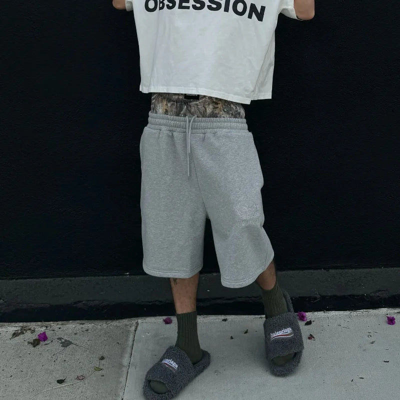 GRAY SWEAT SHORTS WITH PATTERNED WAISTBAND Y2K RETRO SHORTS