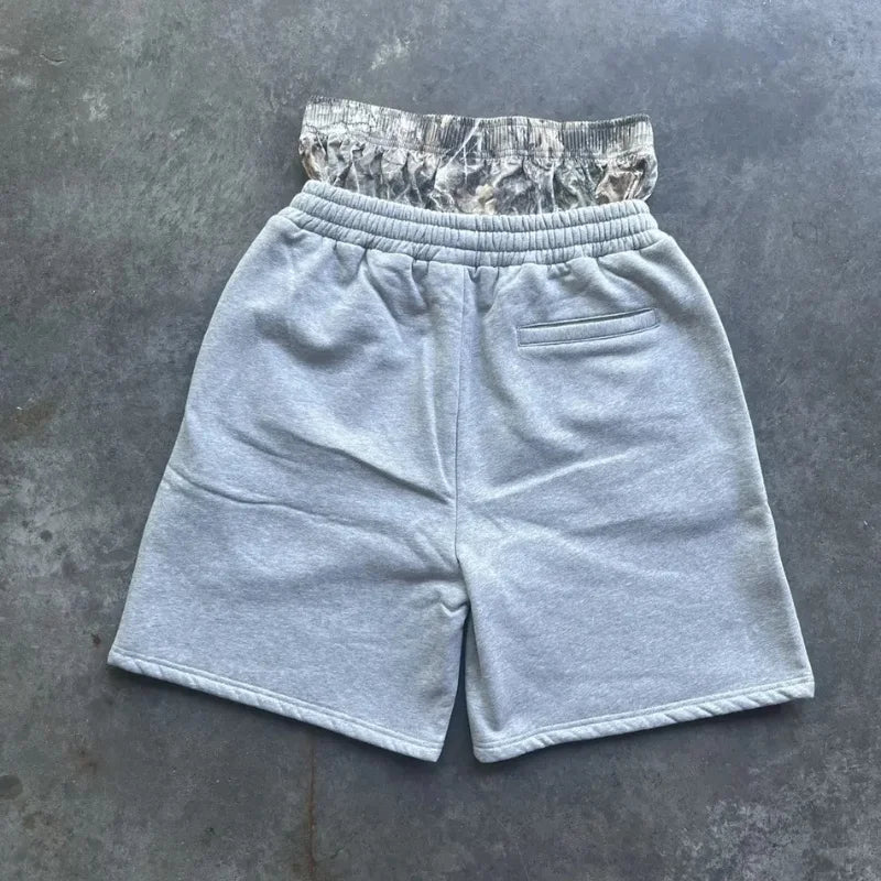 GRAY SWEAT SHORTS WITH PATTERNED WAISTBAND Y2K RETRO SHORTS