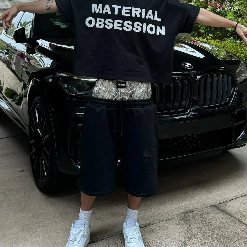 GRAY SWEAT SHORTS WITH PATTERNED WAISTBAND Y2K RETRO SHORTS