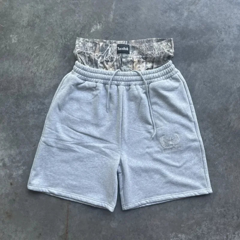 GRAY SWEAT SHORTS WITH PATTERNED WAISTBAND Y2K RETRO SHORTS