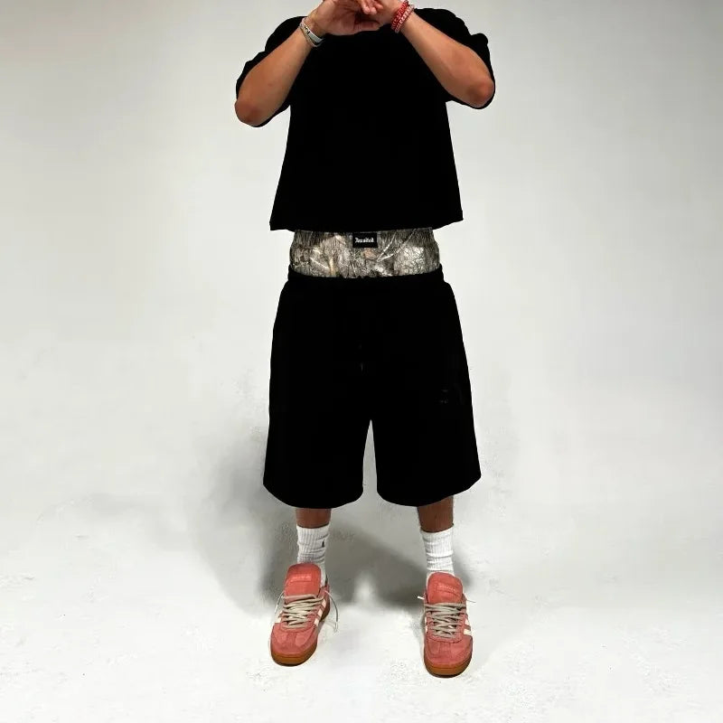 GRAY SWEAT SHORTS WITH PATTERNED WAISTBAND Y2K RETRO SHORTS