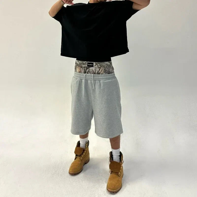 GRAY SWEAT SHORTS WITH PATTERNED WAISTBAND Y2K RETRO SHORTS