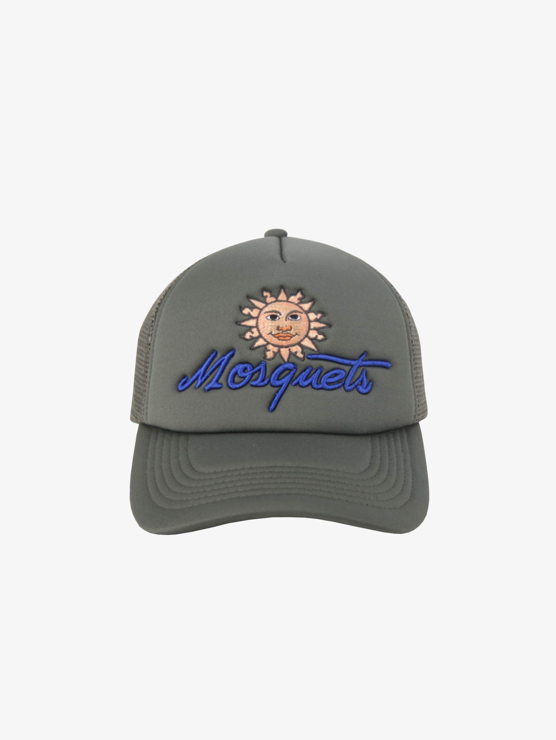 GRAY TRUCKER HAT WITH SUN GRAPHIC FOR EVERYDAY WEAR AND SNAP CLOSURE