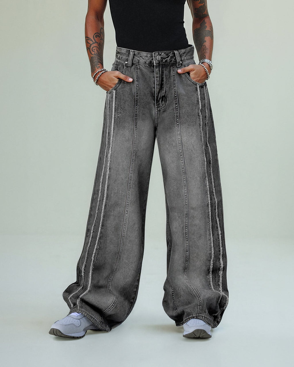 GRAY WIDE-LEG JEANS MID WAIST STRAIGHT LEG LONG PANTS