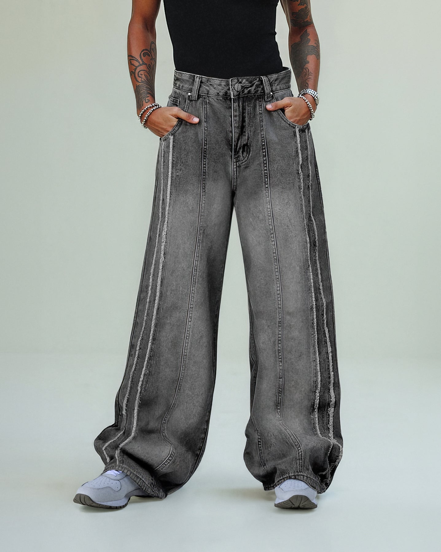 GRAY WIDE-LEG JEANS MID WAIST STRAIGHT LEG LONG PANTS