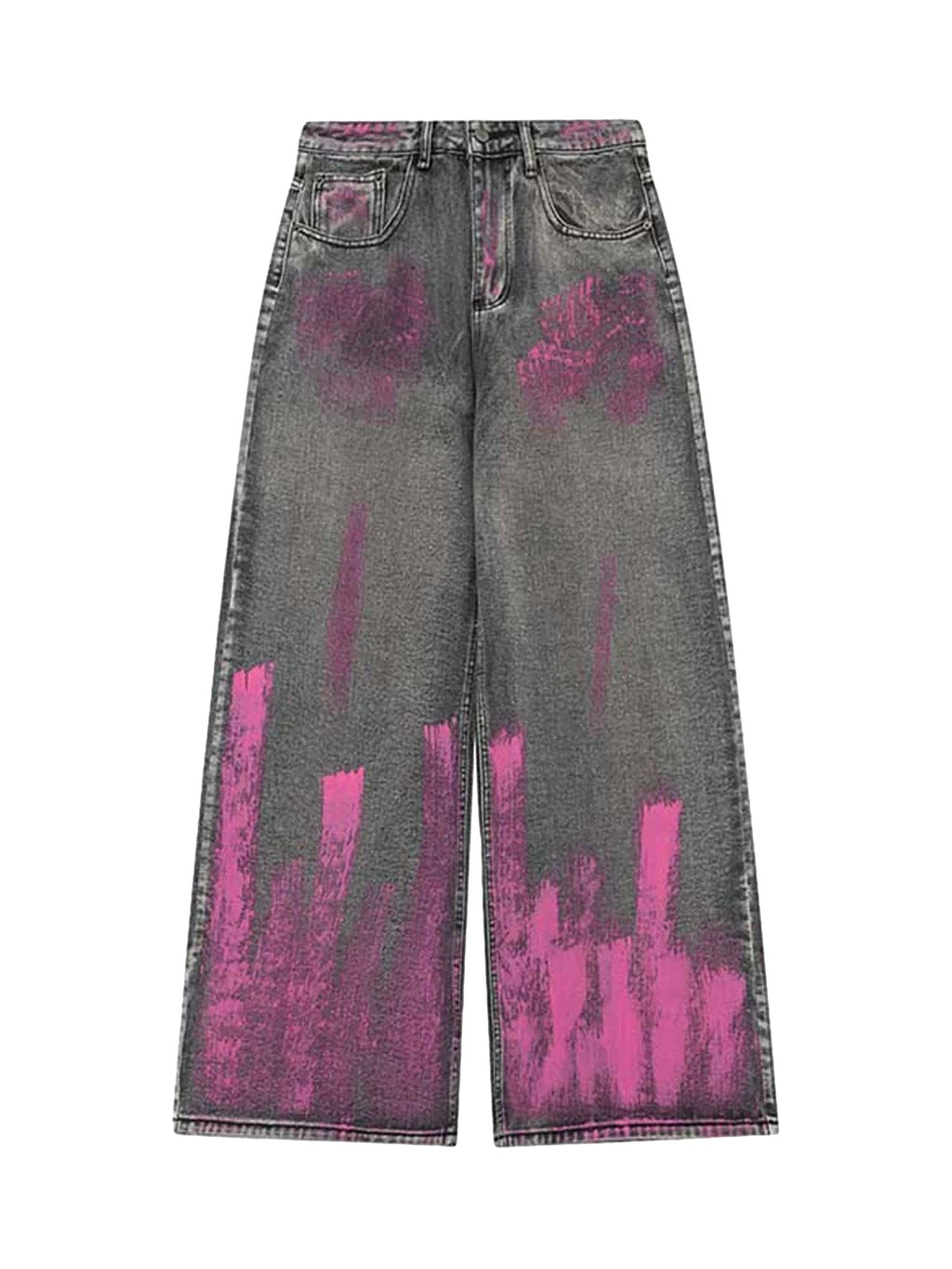 GRAY WIDE-LEG JEANS WITH PINK ACCENTS - MID WAIST TRENDY CASUAL FIT