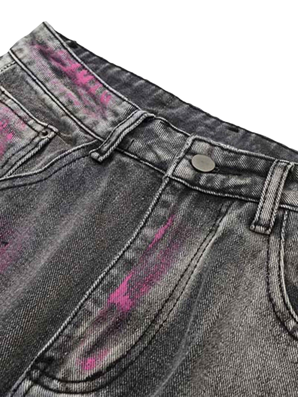 GRAY WIDE-LEG JEANS WITH PINK ACCENTS - MID WAIST TRENDY CASUAL FIT
