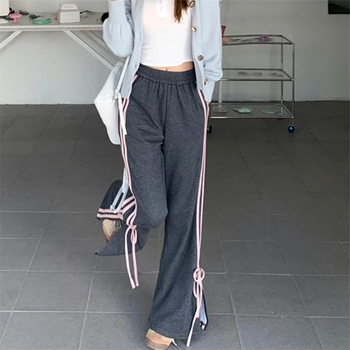 GRAY WIDE-LEG SWEATPANTS WITH SIDE STRIPES AND TIE DETAILS