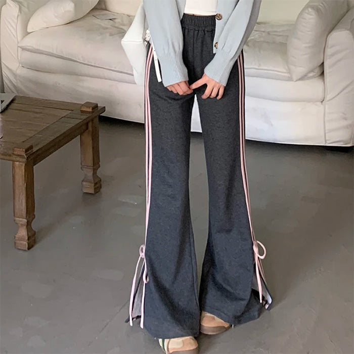 GRAY WIDE-LEG SWEATPANTS WITH SIDE STRIPES AND TIE DETAILS