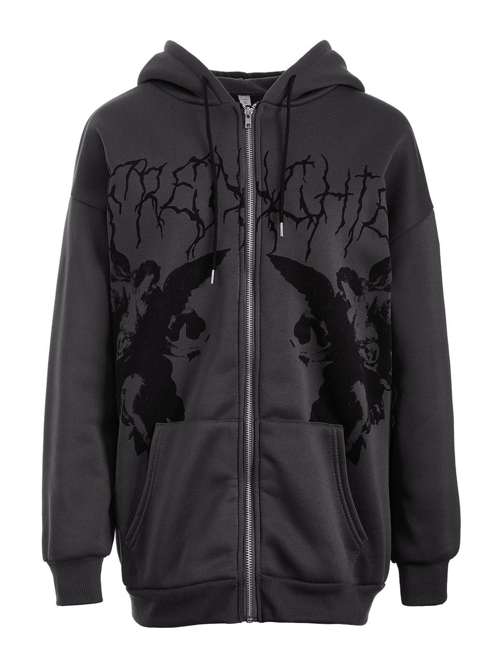 GRAY ZIP-UP HOODIE WITH ANGEL GRAPHIC CASUAL LOOSE FIT