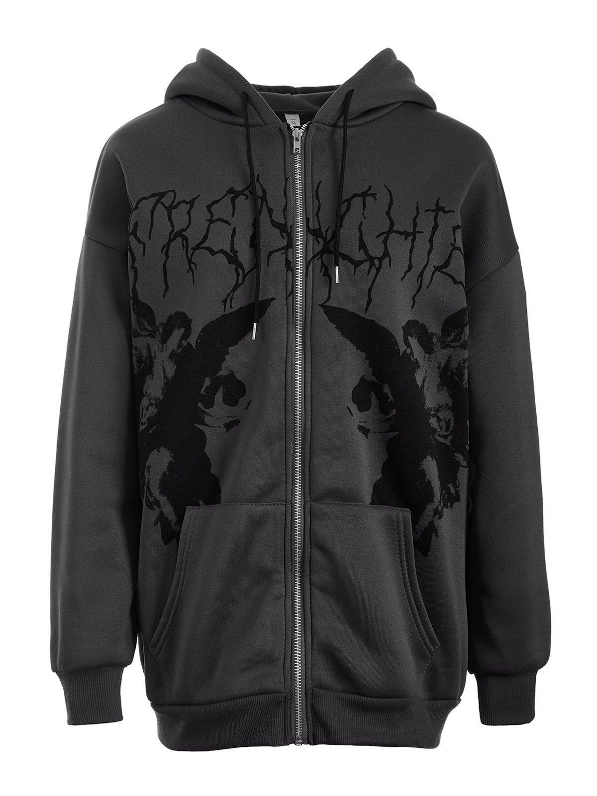 GRAY ZIP-UP HOODIE WITH ANGEL GRAPHIC CASUAL LOOSE FIT