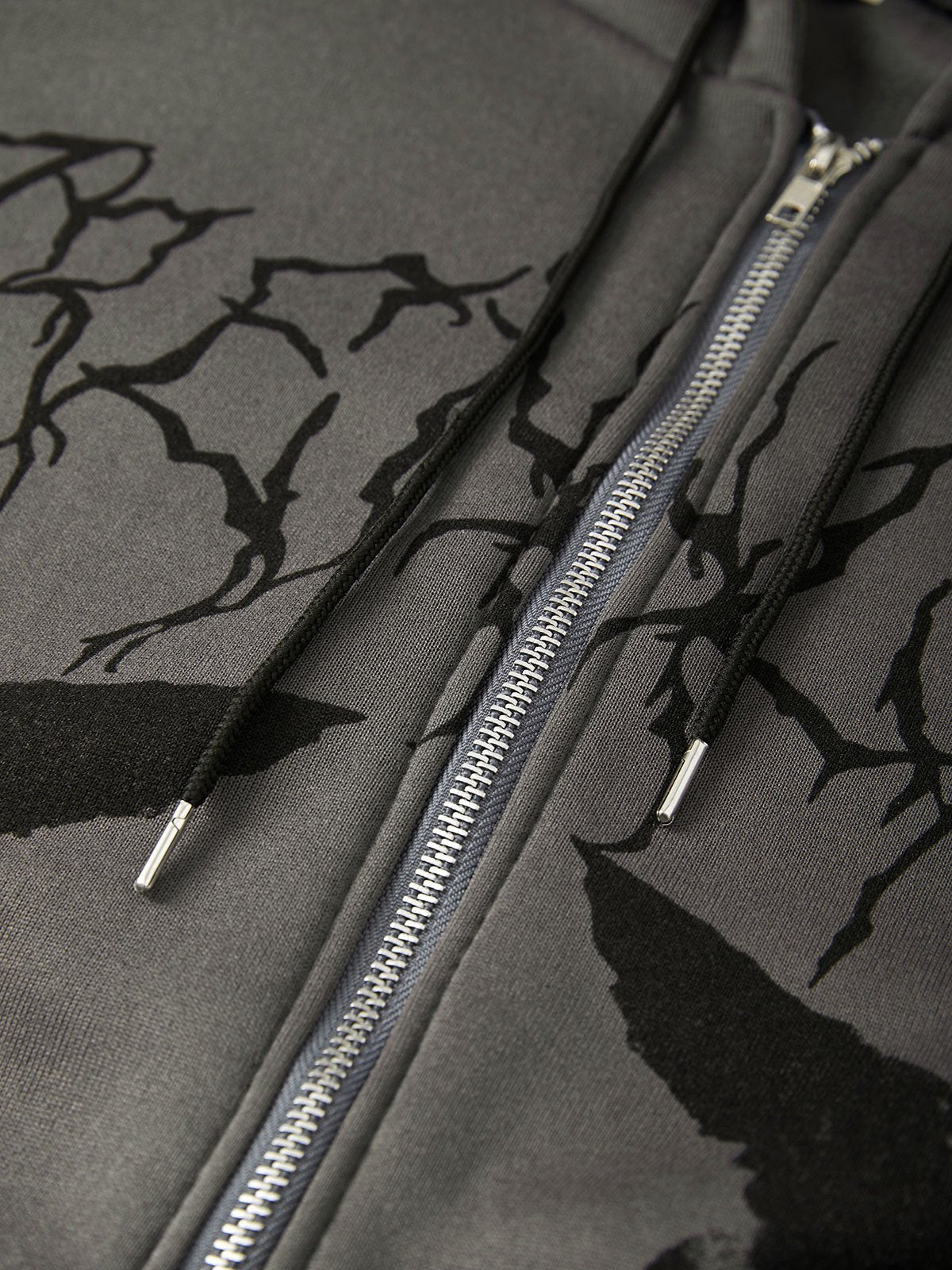 GRAY ZIP-UP HOODIE WITH ANGEL MOTIF AND ZIPPER CLOSURE