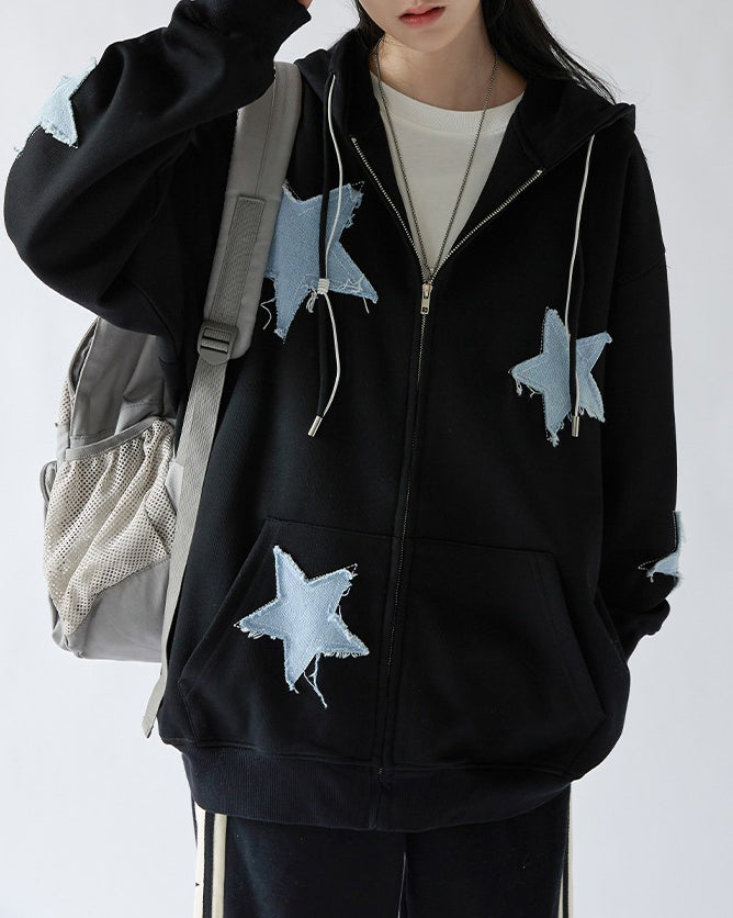 GRAY ZIP-UP HOODIE WITH BLUE STAR PATCHES FOR CASUAL WEAR