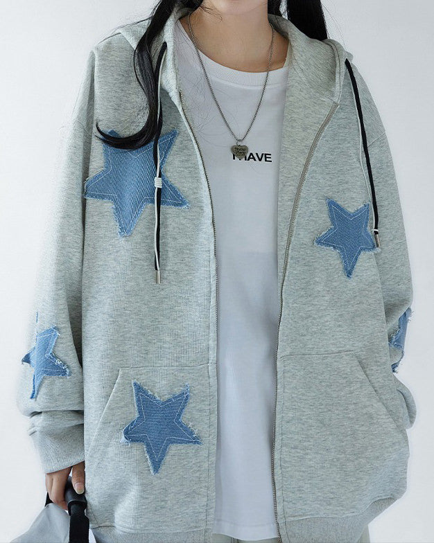 GRAY ZIP-UP HOODIE WITH BLUE STAR PATCHES FOR CASUAL WEAR