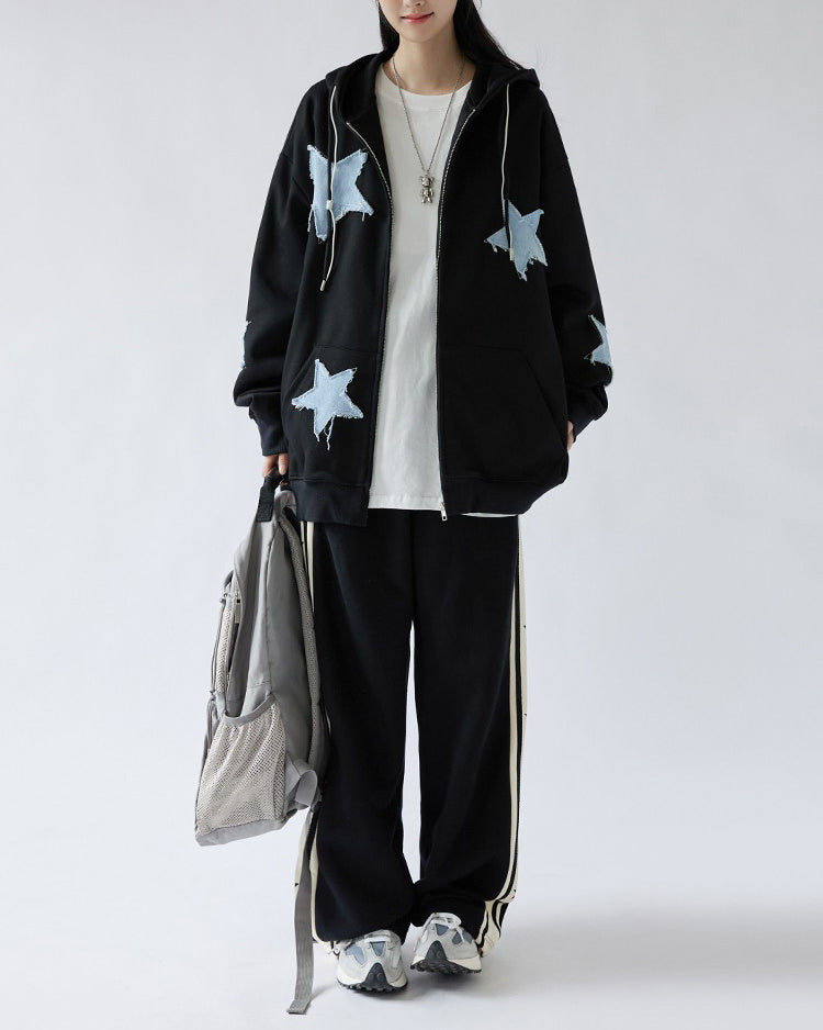 GRAY ZIP-UP HOODIE WITH BLUE STAR PATCHES FOR CASUAL WEAR
